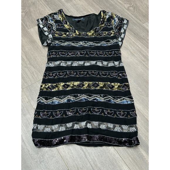 French Connection Women's Black Scoop Neck Beaded & Sequined Shift Dress Size 2 - Picture 4 of 15